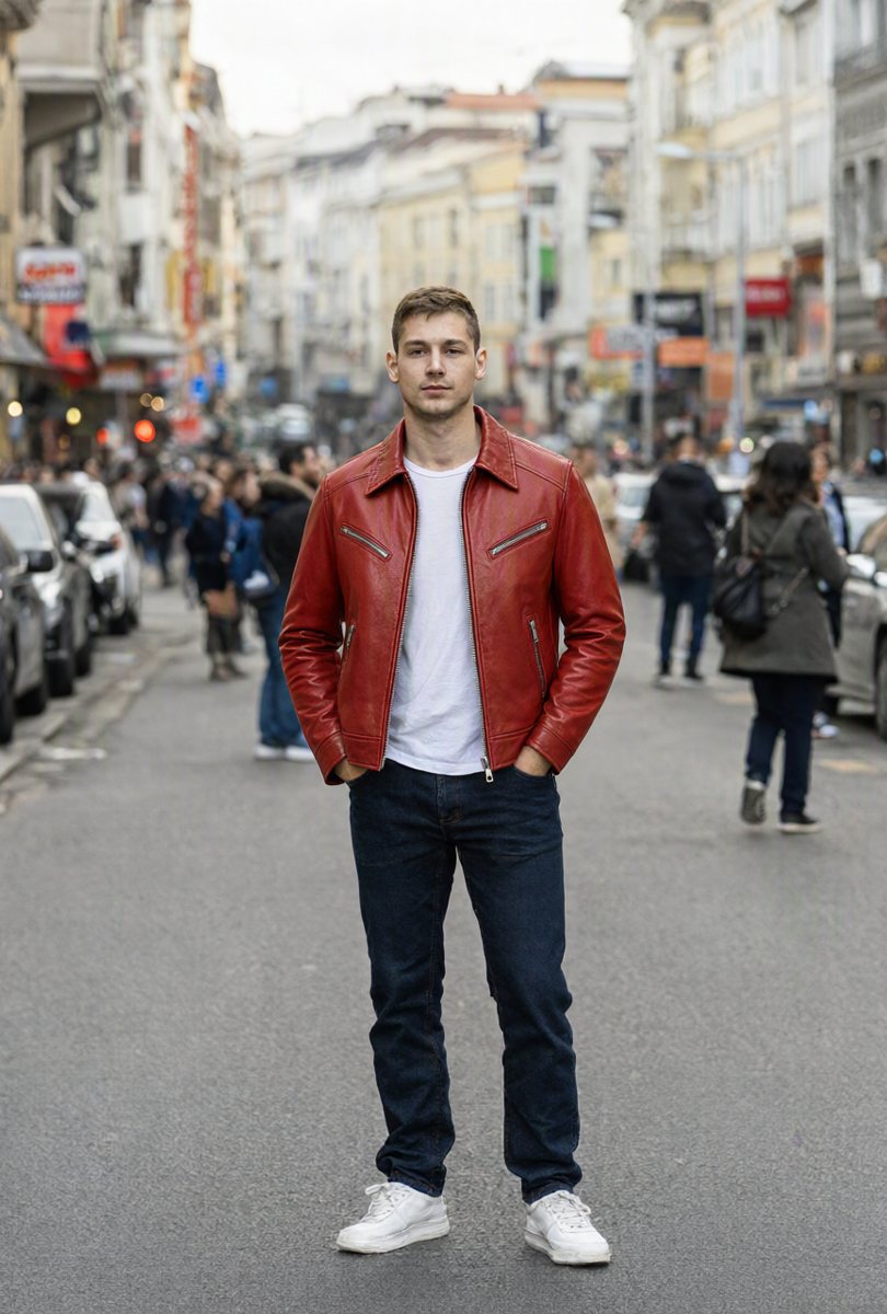 The jacket on the man, everything else unchanged